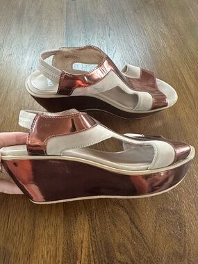 Camper Metallic Rose Gold and Beige Wedge Sandals